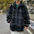 Long-sleeve High-neck Plaid Fleece Jacket