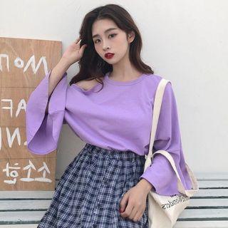 Plain Off-shoulder 3/4-sleeve Loose-fit Top