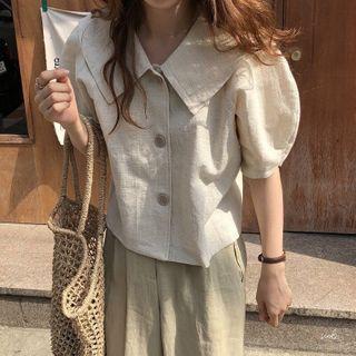 Puff-sleeve Single-breasted Blouse Oatmeal - One Size