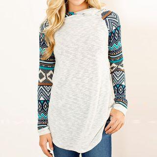 Patterned Panel Hooded Long-sleeve T-shirt
