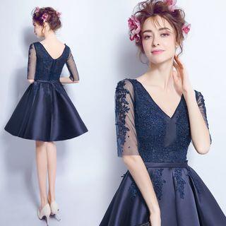 Elbow-sleeve Rhinestone Mini Prom Dress