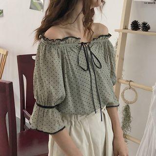 Lace-up Dotted Short-sleeve Top
