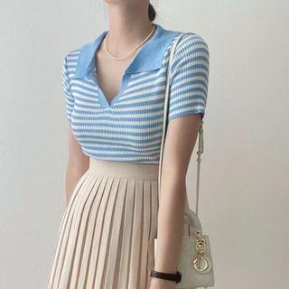 Short Sleeve Striped Polo Knit Top / Pleated Mini Skirt