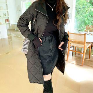 Stand-collar Button-side Quilted Coat Black - One Size