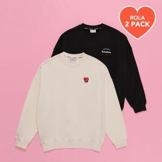 Set Of 2: Heart-embroidered Fleece-lined Pullover Ivory - One Size