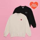 Set Of 2: Heart-embroidered Fleece-lined Pullover Ivory - One Size