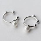 Faux Pearl Rhinestone Cuff Earring 1 Pair - S925 Silver - Clip On Earring - White & Silver - One Size