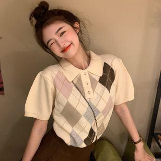 Short-sleeve Argyle Polo Knit Top Beige - One Size