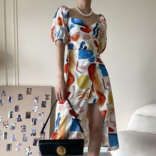Puff-sleeve Color Block Slit Midi A-line Dress