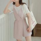 Set: Short-sleeve T-shirt + Spaghetti Strap Striped Playsuit