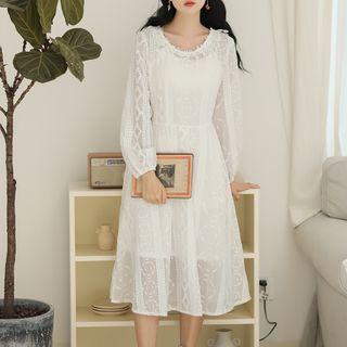 Set: Lace Long-sleeve A-line Dress + Plain Slipdress