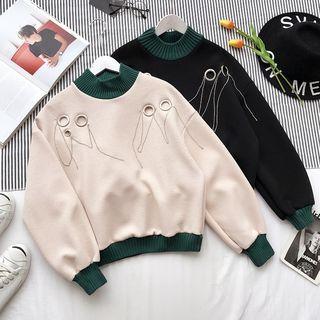 Chain-accent Mock-neck Long-sleeve Faux-leather Top