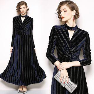 Long-sleeve Velvet Striped Maxi A-line Dress