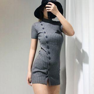 Short-sleeve Button-up Ribbed Knit Mini Sheath Dress