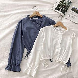 Plain Ruffled-trim Single-breasted Long-sleeve Blouse