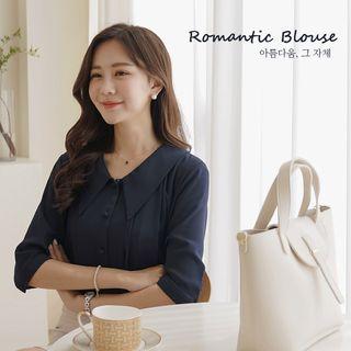 Chelsea-collar Elbow-sleeve Pleated Blouse