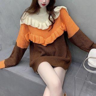 Mock-neck Ruffle-trim Colorblock Sweater