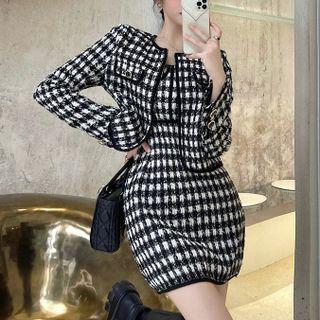 Plaid Jacket / Spaghetti Strap Plaid Mini Sheath Dress