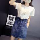 Set: Flower Applique Short-sleeve T-shirt + Denim Skirt