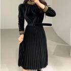 Mock Neck Long-sleeve Midi Pleated Dress