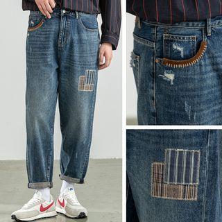 Patch Distressed Straight Leg Jeans