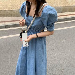 Puff-sleeve Square-neck Midi A-line Denim Dress Blue - One Size