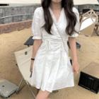Short-sleeve Drawstring Lace Trim Mini A-line Dress
