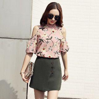 Set: Cutout Shoulder Floral Top + A-line Skirt