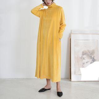 Turtleneck Plain Midi A-line Dress