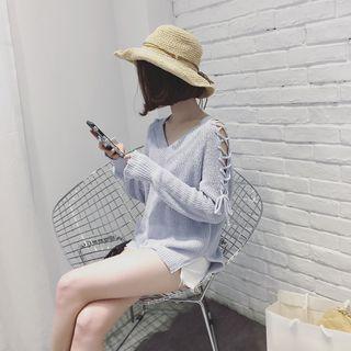 Long-sleeved Loose-fit Strappy V-neck Cutout Plain Top