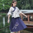 Set: Embroidered Elbow-sleeve Top + A-line Skirt