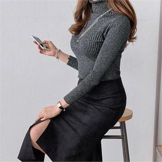 Turtle-neck Glitter Slim-fit Knit Top