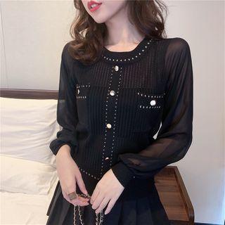 Mesh Panel Long-sleeve Pocket-front Knit Top