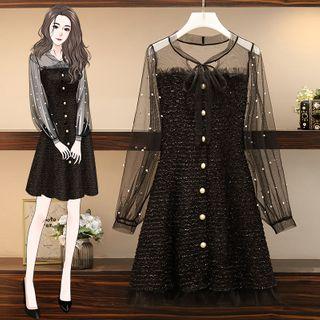 Long-sleeve Mesh Panel Beaded Dress