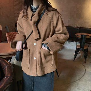 Tie-neck Dual-pocket Woolen Coat