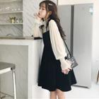 Set: Long-sleeve Top + Spaghetti Strap Dress Top - White - One Size / Dress - Black - One Size