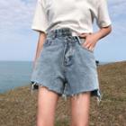Asymmetric Waist Distressed Denim Shorts