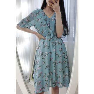 Petite Size Ruffle-trim Floral Midi Chiffon Dress