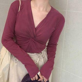 Long-sleeve V-neck Plain Knotted Knit Top Purple - One Size