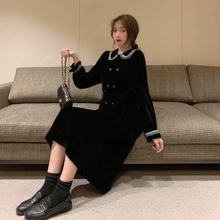 Bell-sleeve Collared Frill Trim Velvet Dress