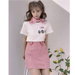 Set: Short-sleeve Print T-shirt + Plaid Mini Skirt + Neckerchief