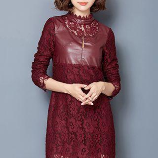 Long-sleeve Faux-leather Panel Lace Dress