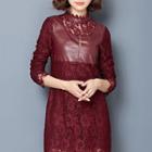 Long-sleeve Faux-leather Panel Lace Dress
