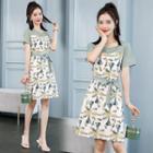 Short Sleeve Printed Panel Tie-waist A-line Dress