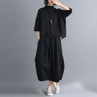 Set: Mock Neck Elbow-sleeve Top + Midi Skirt