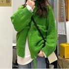 Band Collar Plain Pocket Zip Up Knit Jacket Green - One Size