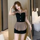 Set: Puff-sleeve Mesh Panel Blouse + Shorts