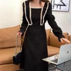 Long-sleeve Lace Trim Plain Dress Black - One Size