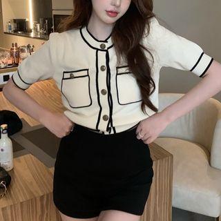 Color-block Crew-neck Cropped Cardigan