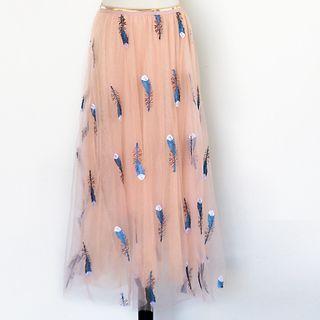 Midi Embroidered Mesh Skirt Pink - One Size